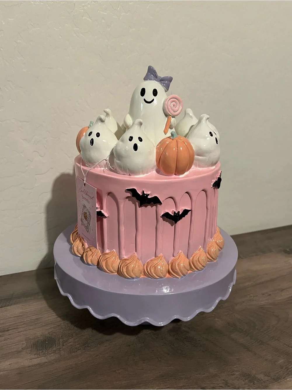 Halloween Ghost Bat & Pumpkin Cake Resin Table Decor Orange Pink & Purple